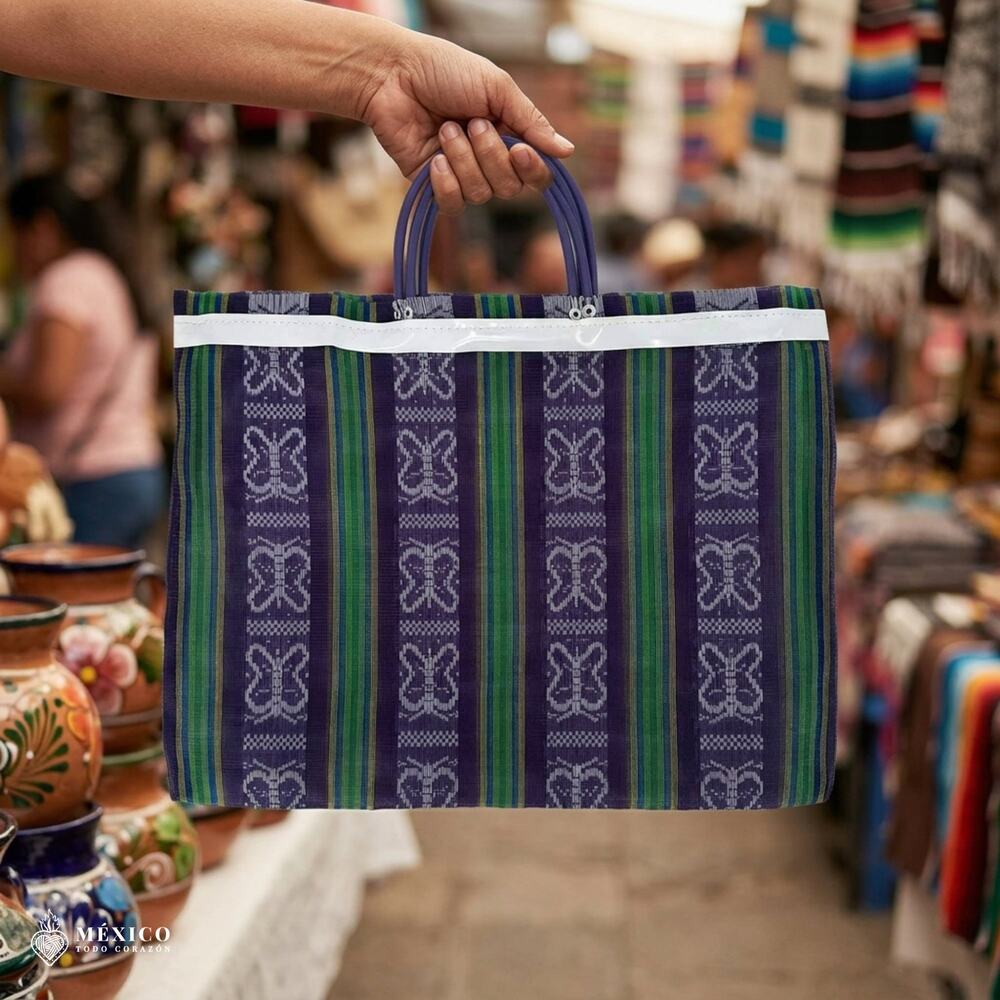 Traditional Mexican Mercado Tote Bag – Colorful Reusable Plastic Market Bag